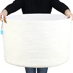 Casaphoria Cesta grande de corda de algodão para sala de estar – cesta de armazenamento de tecido com alça para cobertores, toalhas e travesseiros, cesto de roupa suja | branco creme (53 x 53 x 35 cm)