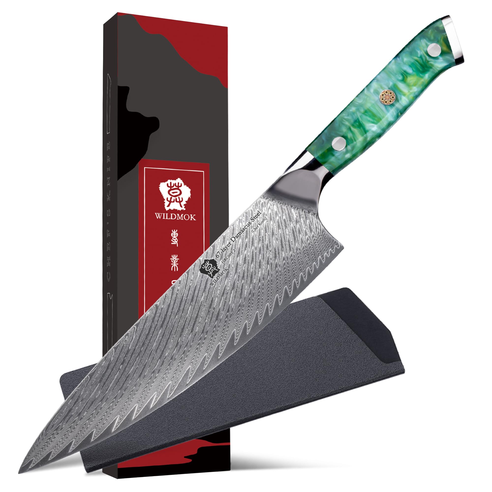 WILDMOK Chef Knife, 8 inch Damascus Japanese Kitchen Cooking Knife,Japanese VG10 Steel Green Resin Handle kitchen knives,Damascus chef's knives Including Gift Box