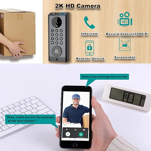 Miniatura 4 de Cerradura inteligente para cámara, cámara 3 en 1+timbre+entrada sin llave de huellas dactilares, Wi-Fi integrado, soporte Alexa, control remoto de