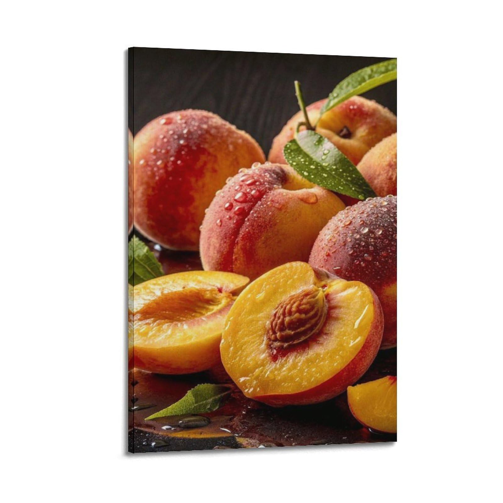 Juicy Peaches with Water Drops Wall Art, dekoracja świeżych owoców do kuchni i jadalni plakat dekoracyjny obraz płótno plakaty ścienne i druk artystyczny obraz nowoczesny rodzinny sypialnia dekoracje