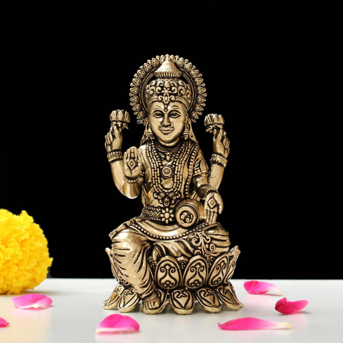 INDICAST Handcrafted Brass Goddess Laxmi Statue for Home Temple | 4" Maa Laks...