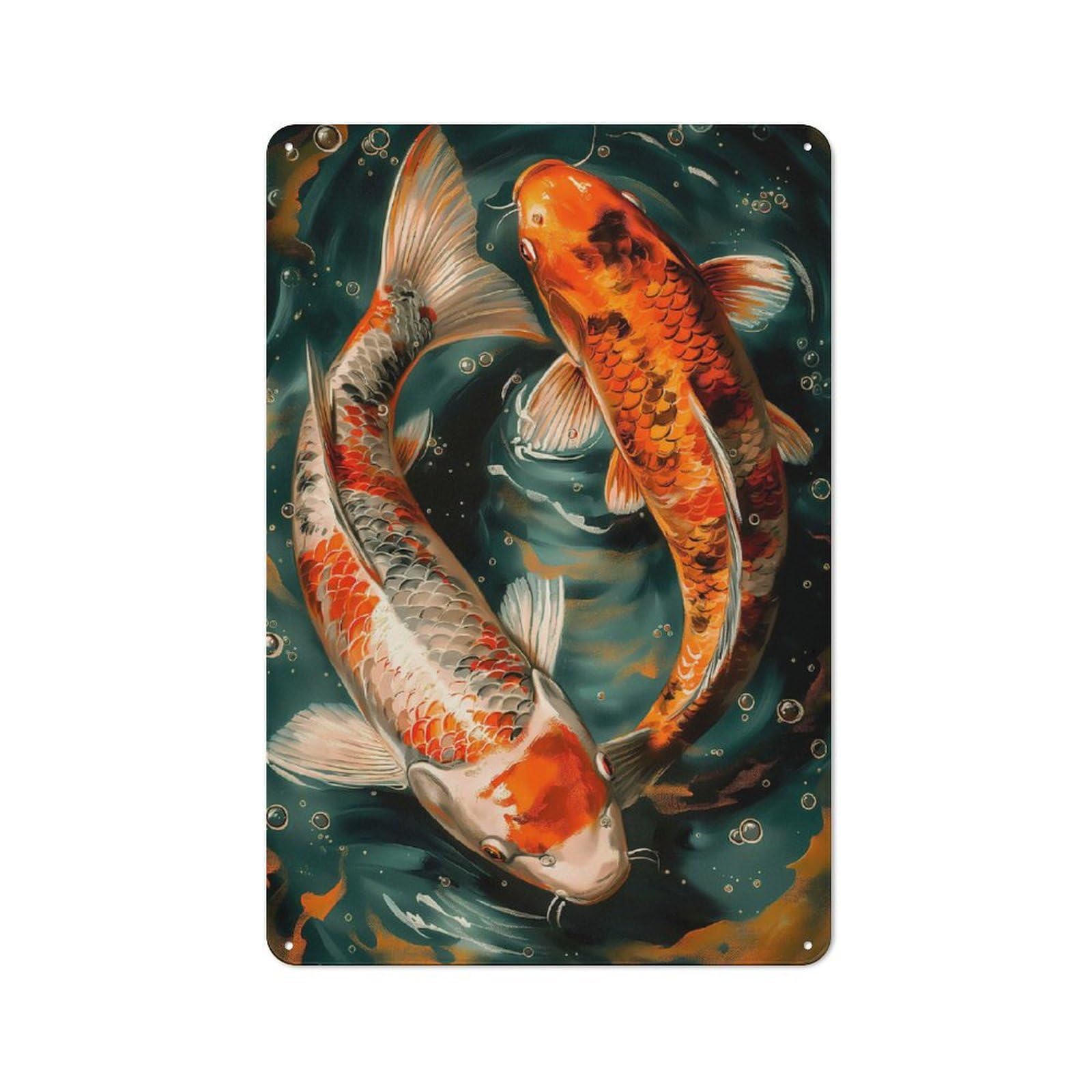 Junmoney Couple Of Koi Fishes Workshop Style Garage Metal Sign 30X20cm Featuring Industrial Wall Art For Garage, Hobby Room, Office Or Man Cave