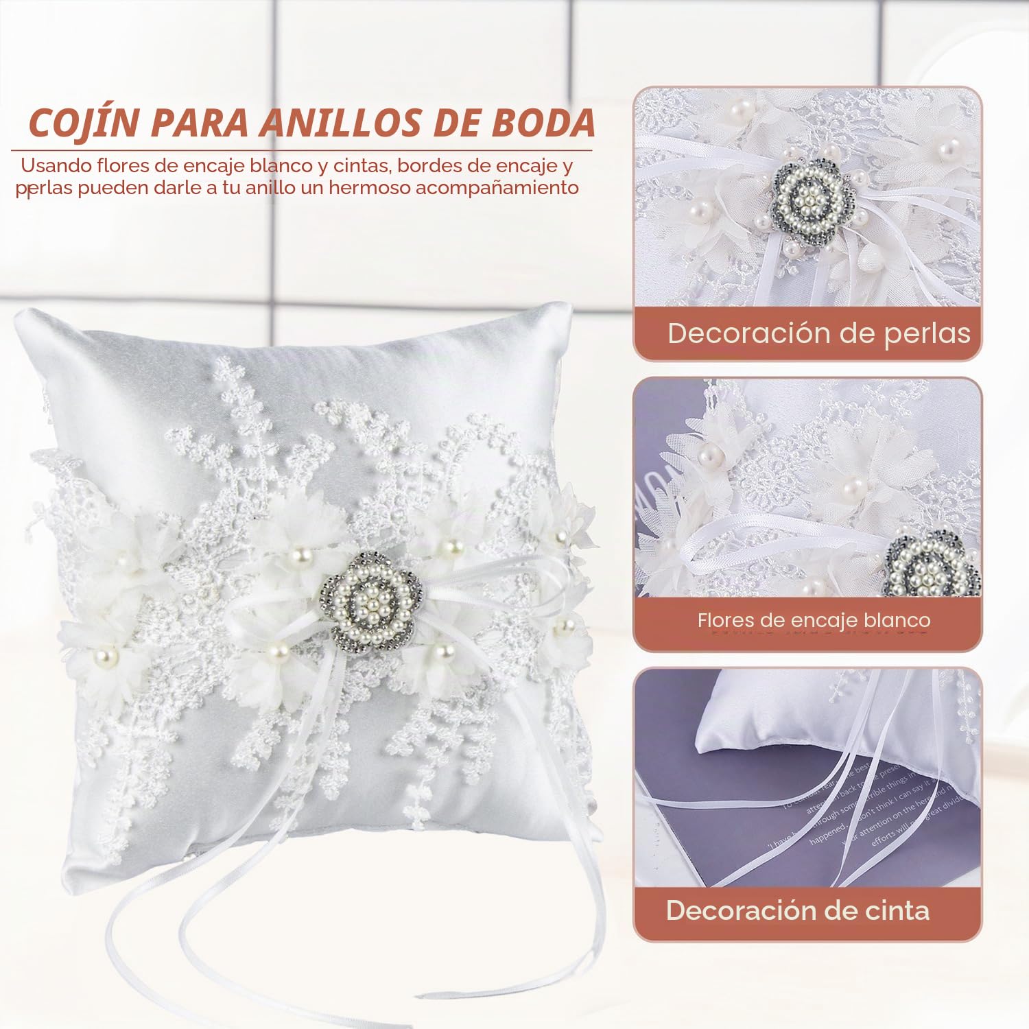Cojin de Anillos Boda Vintage Porta Alianzas Blanco Anillos de Boda Almohada 18x18cm con Cinta y Perlas Artificiales Accesorios de Compromiso de Boda