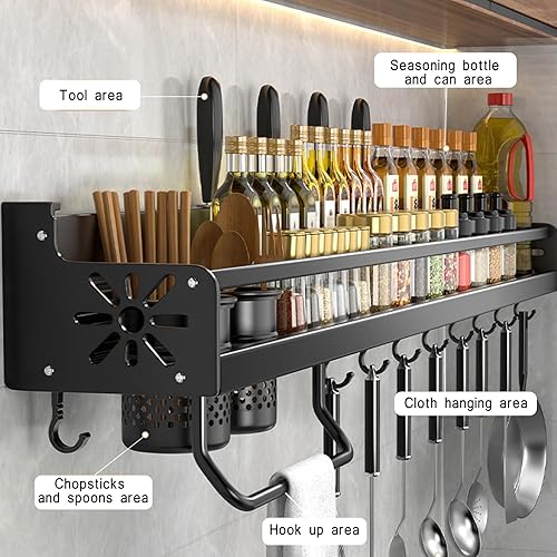 Miniatura 4 de Estante de especias montado en la pared para especias, soporte de cocina sin perforar, estante de especias colgante con barras con 10 ganchos,