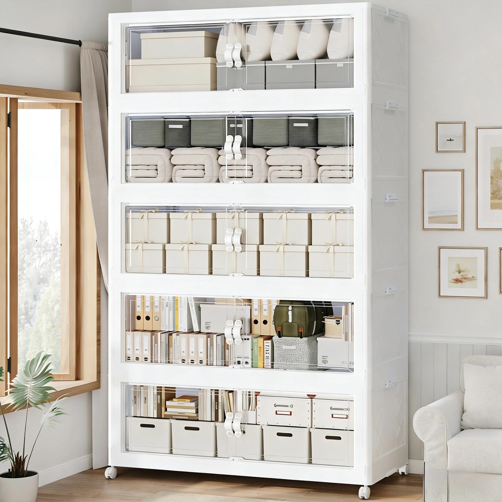 Fangtueh 225Gal Stackable Storage Bins with Lid, 900Qt Extra Large Collapsible Storage Box with Doors and Wheels, Plastic Closet Organizer and Storage