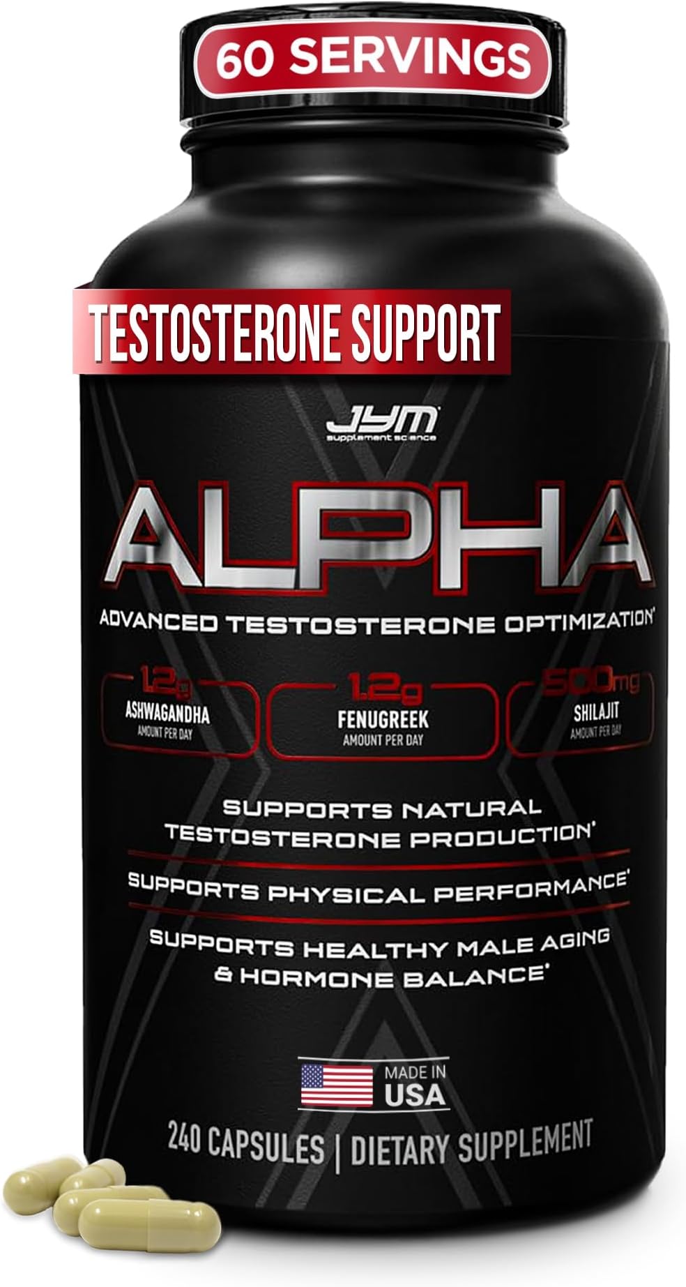- Alpha JYM X Advanced Testosterone Booster - Vitality, Optimization, DHEA, Ashwagandha, Boron, Shilajit, Fenugreek, Eurycoma, Damiana, Quercetin, DIM, JYM Supplemental Science (240 Capsules)