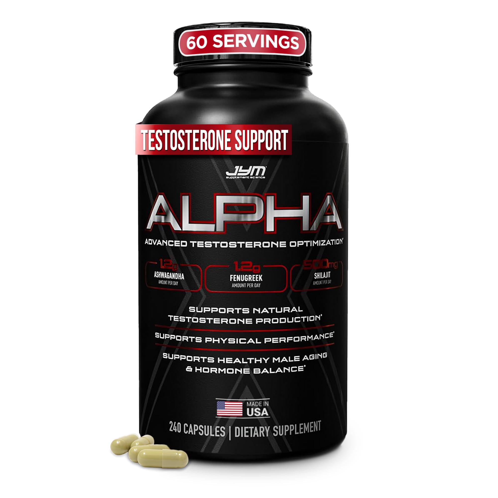 Alpha JYM X Advanced Hormone Optimization, Vitality, Optimization, DHEA, Ashwagandha, Boron, Shilajit, Fenugreek, Eurycoma, Damiana, Quercetin, DIM, JYM Supplemental Science, 240 Capsules