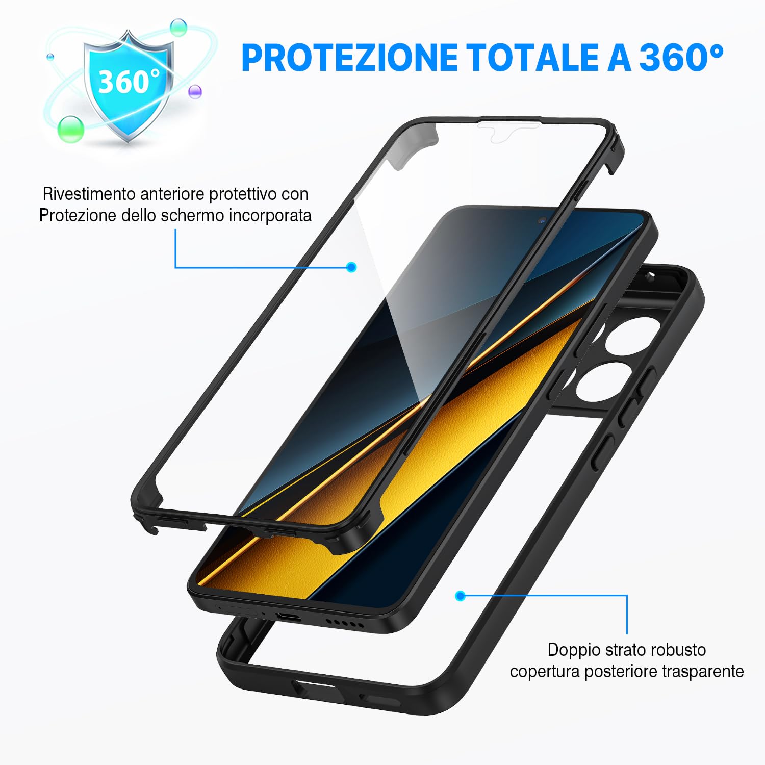COMAKU Cover per Xiaomi Poco X6 Pro 5G, 360 Gradi Rugged Custodia Antiurto Case con Protezione Integrata dello Schermo, Rugged Doppia Bumper Trasparente Case Integrale Cover - Nero