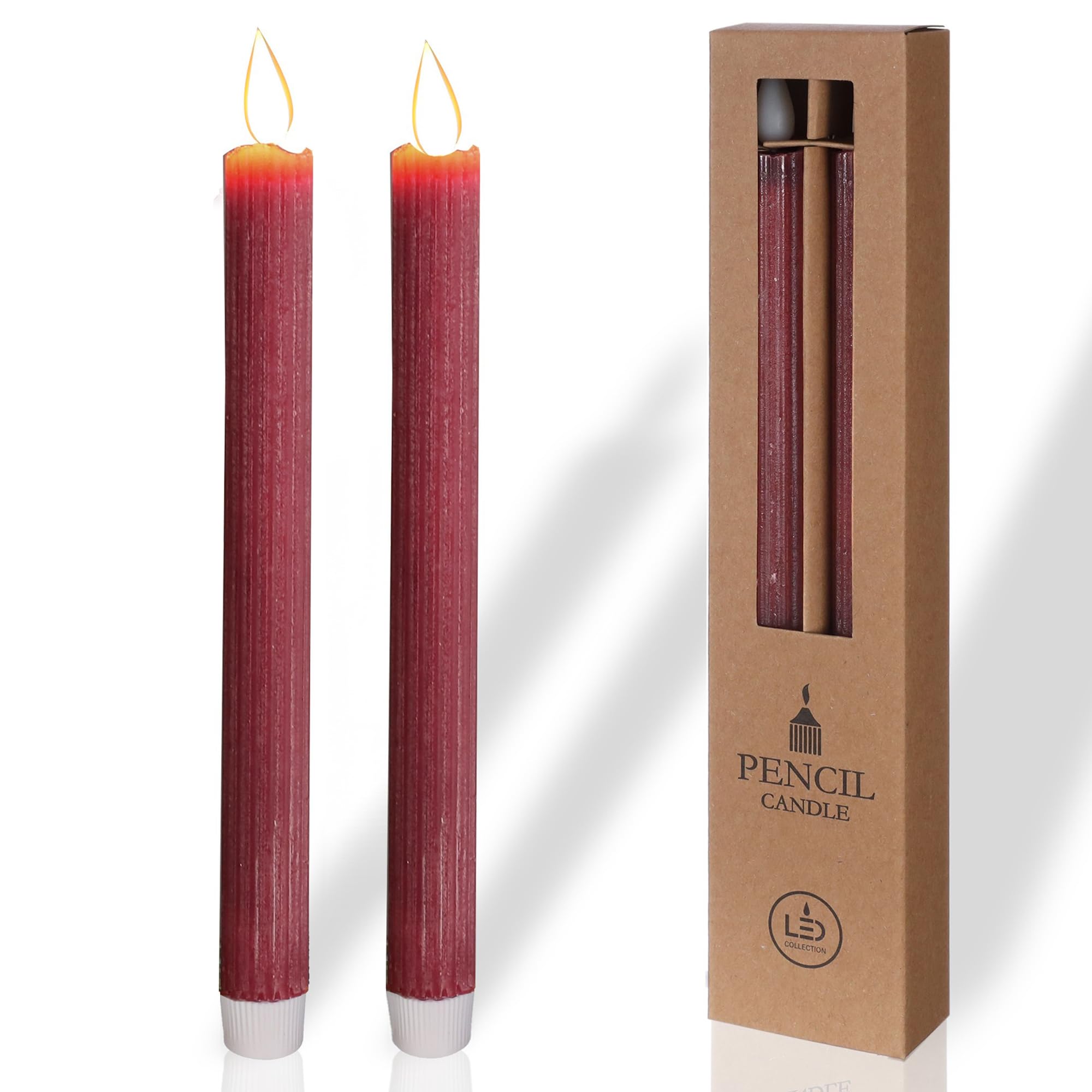 COMFORDER Velas LED Efecto Llama Parpadeante (Set de 2), Velas LED de Cera Auténtica, Velas Eléctricas con Temporizador, Velas con Pilas (Rojo Burdeos)