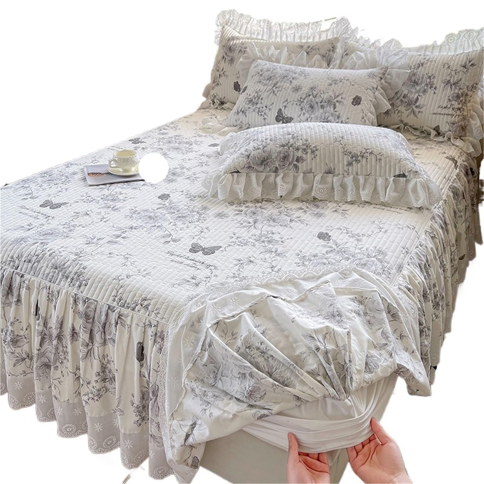 3Pcs Lace Ruffles Floral Pure Cotton Quilted Bed Skirt, Mattress Cover, Bedspread, Sheet, Fitted, With Pillowcases(Color3,150X200cm 3pcs)