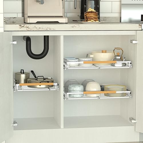Miniatura 2 de Organizador de cajones extraíble para gabinete de cocina, estantes de almacenamiento de acero inoxidable resistente para debajo del fregadero,