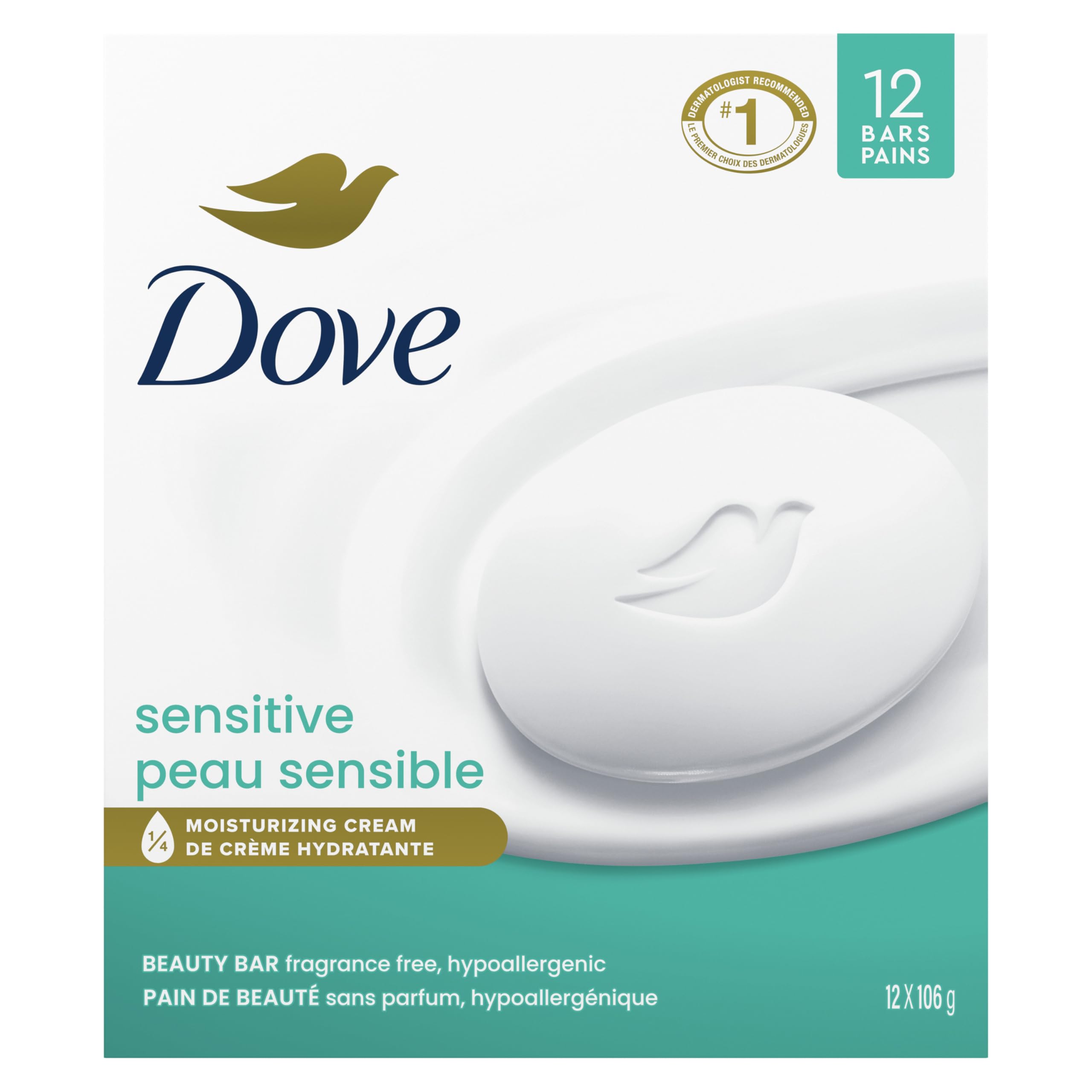 Dove Beauty Bar Soap 12 Bars Sensitive for Sensitive Skin Fragrance Free and Hypoallergenic 3 75 oz