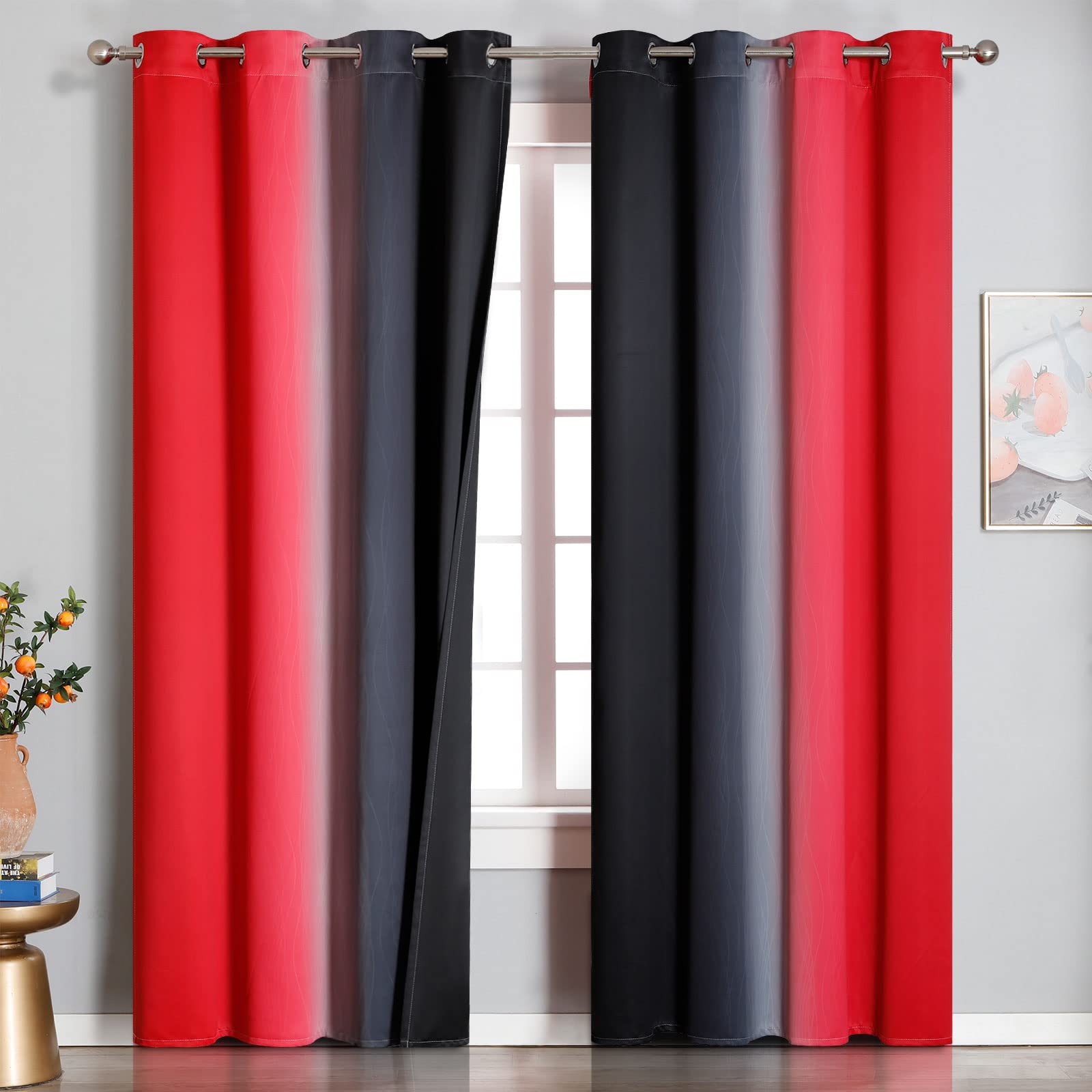 VEHEDE Ombre Red and Black Thermal Blackout Curtains 84 Inch Drop for Living Room Gradient Light Blocking Curtains for Bedroom Noise Reducing Windows Curtain with Eyelet - Image 2