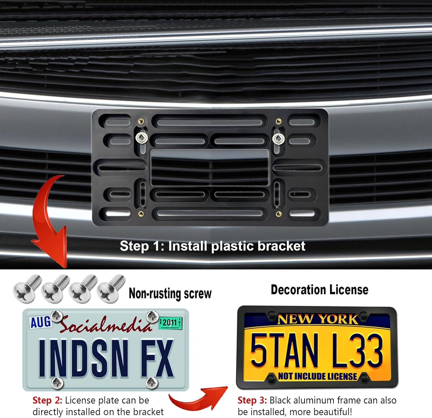 Front License Plate Mounting Kit- Bumper License Plate Bracket Holder & Matte Black Aluminum Tag Frame, Universal 2 Drill Hole Adapter for Car/Truck/Trailer - Image 6