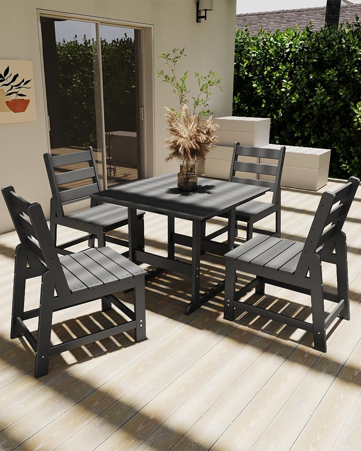 GREENVINES Outdoor-Dining-Table | 35” | HDPE | Patio Furniture | Connectable Square Tables for 4 | Slatted | All-Weather | for Poolside Backyard Garden | Grey
