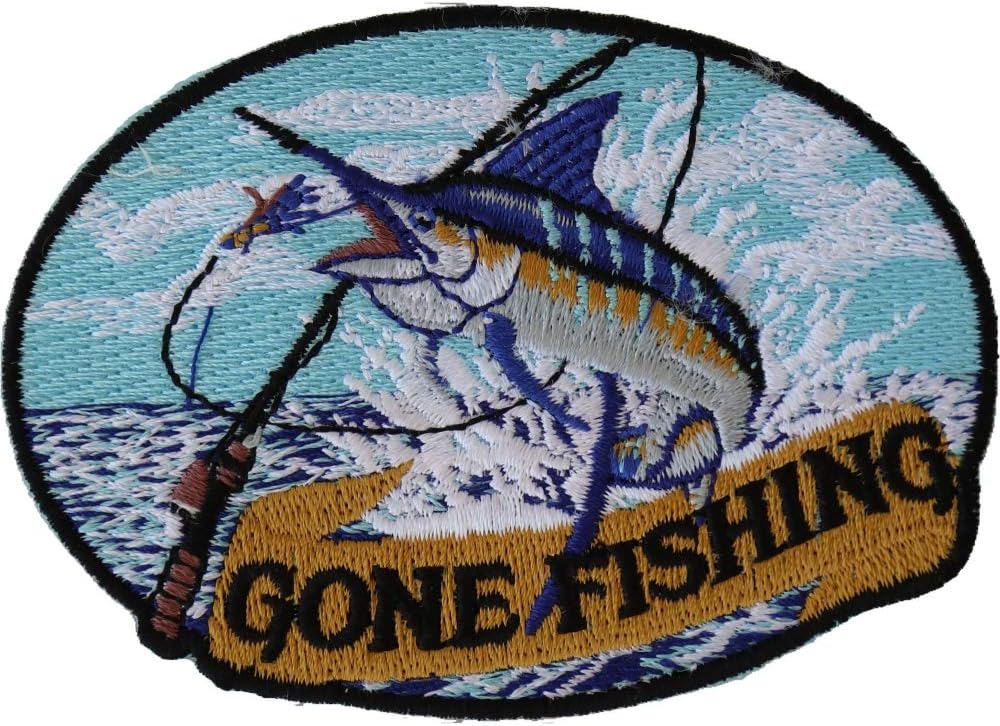 Marlin Gone Fishing Small Patch - 3.5x2.5 inch. Embroidered Iron on Patch