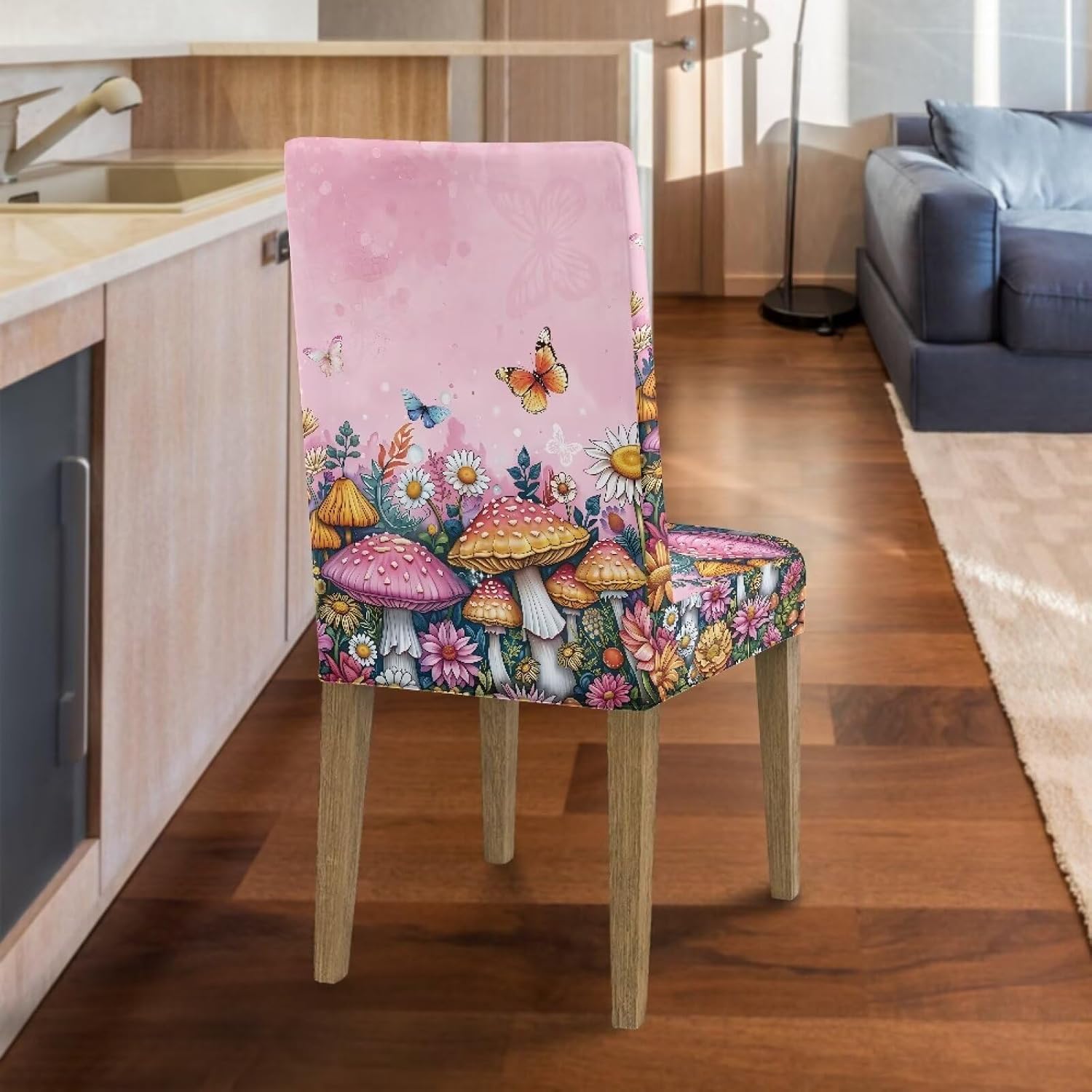 Wanyint Chair Covers for Dining Room Set of 4, Universal Fit Parsons Chair Covers, Easy Clean Machine Washable Polyester Spandex for Home Banquet Decor, Mushroom Flower Butterfly Pink