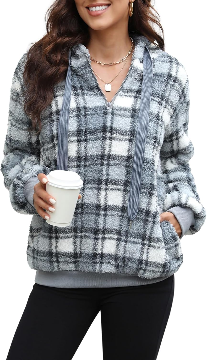 Nirovien Womens Sherpa Pullover Oversized Fuzzy Hoodie Double Fleece Sweatshirts Fluffy Plaid Outerwear Warm Coats