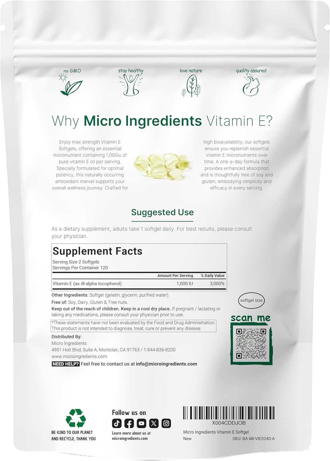 Micro Ingredients Vitamin E 1000 IU, 240 Softgels | Pure Vitamin E Oil Pills | Antioxidant Supplements for Skin and Face | Non-GMO, Gluten Free - Image 2
