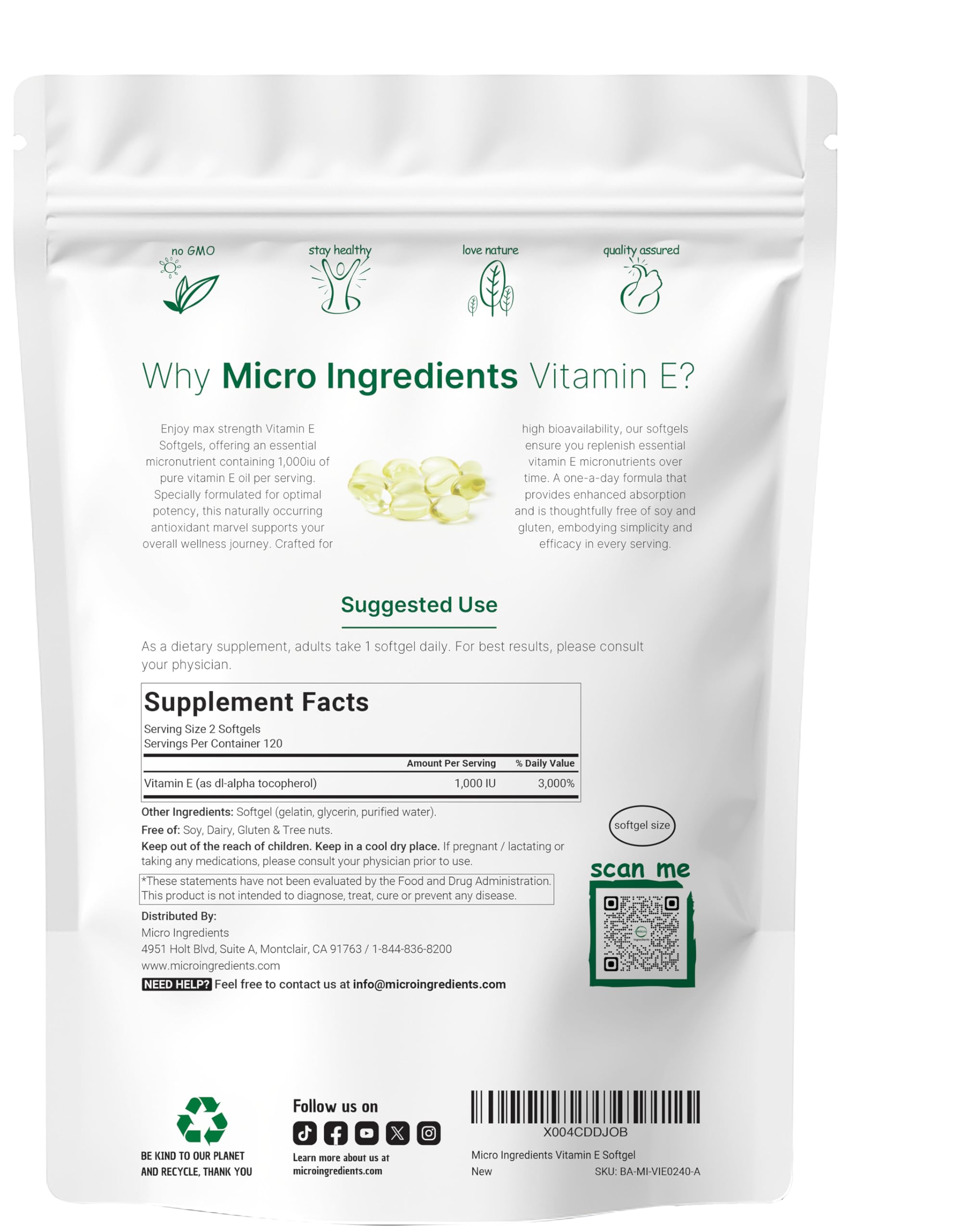 Micro Ingredients Vitamin E, 240 Softgels | Pure Vitamin E Oil Pills | Antioxidant Supplements for Skin, Face, Heart, & Immune Health | Non-GMO, Gluten Free