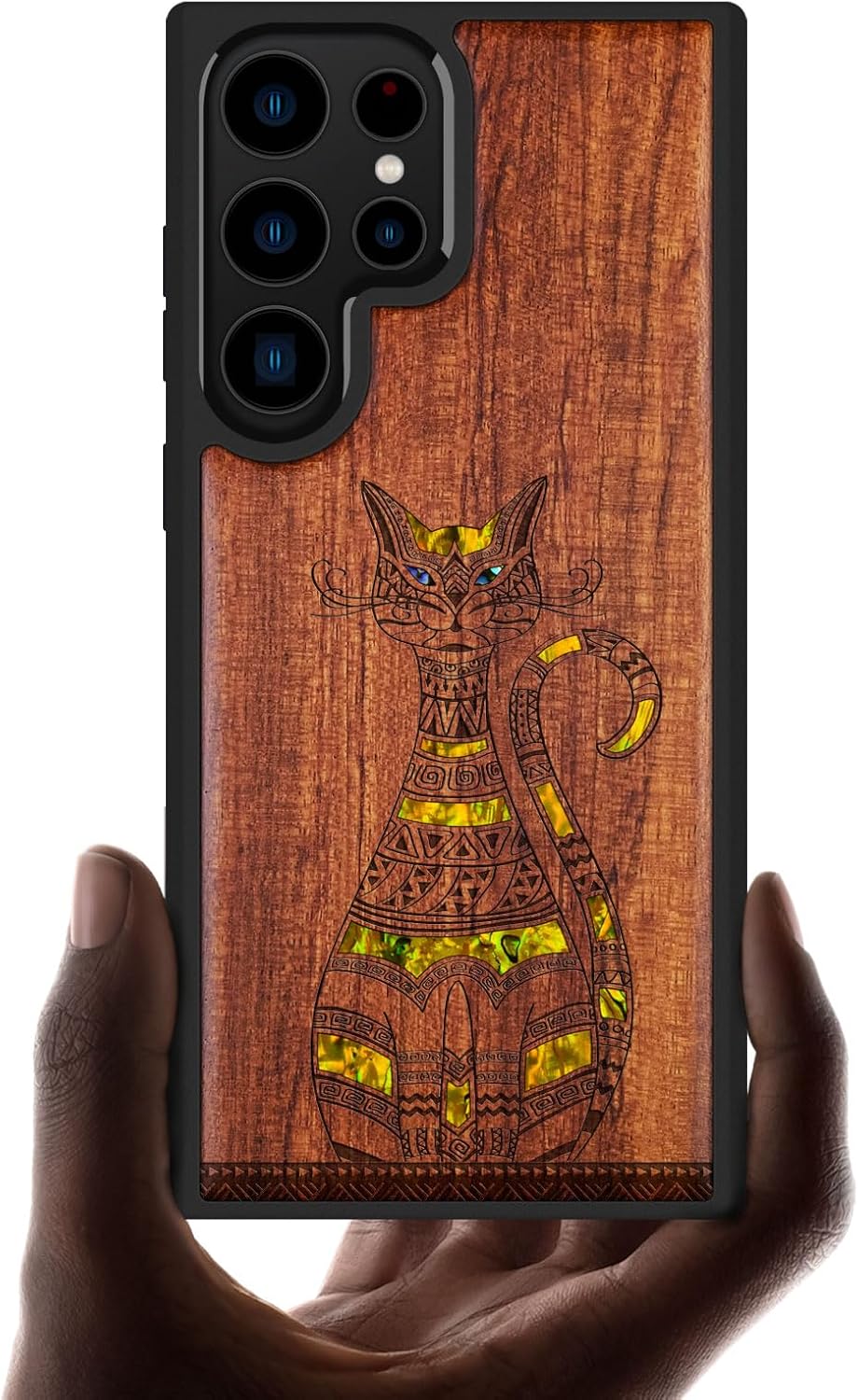 Carveit Designer Wooden Case for Samsung Galaxy S23 Ultra Cover [Wood Engraving & Shell Inlay] Compatible with Wireless Chargers S23 Ultra Case (Tribal Cat Art-Rosy)