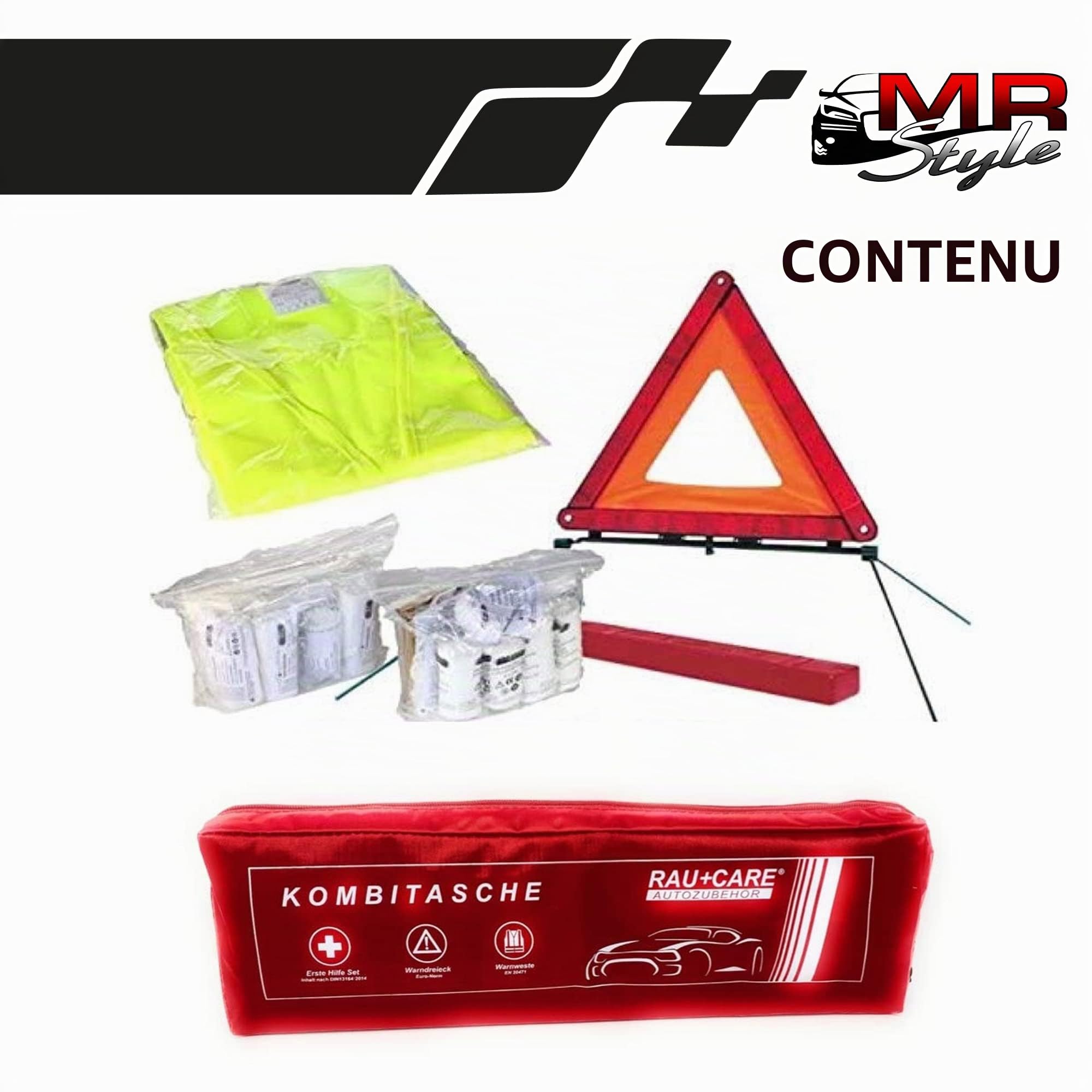 Sacoche multifonctions pour véhicule Rouge Contient une trousse de secours conforme à la norme DIN 13164, un triangle de signalisation ECE, un gilet de sécurité