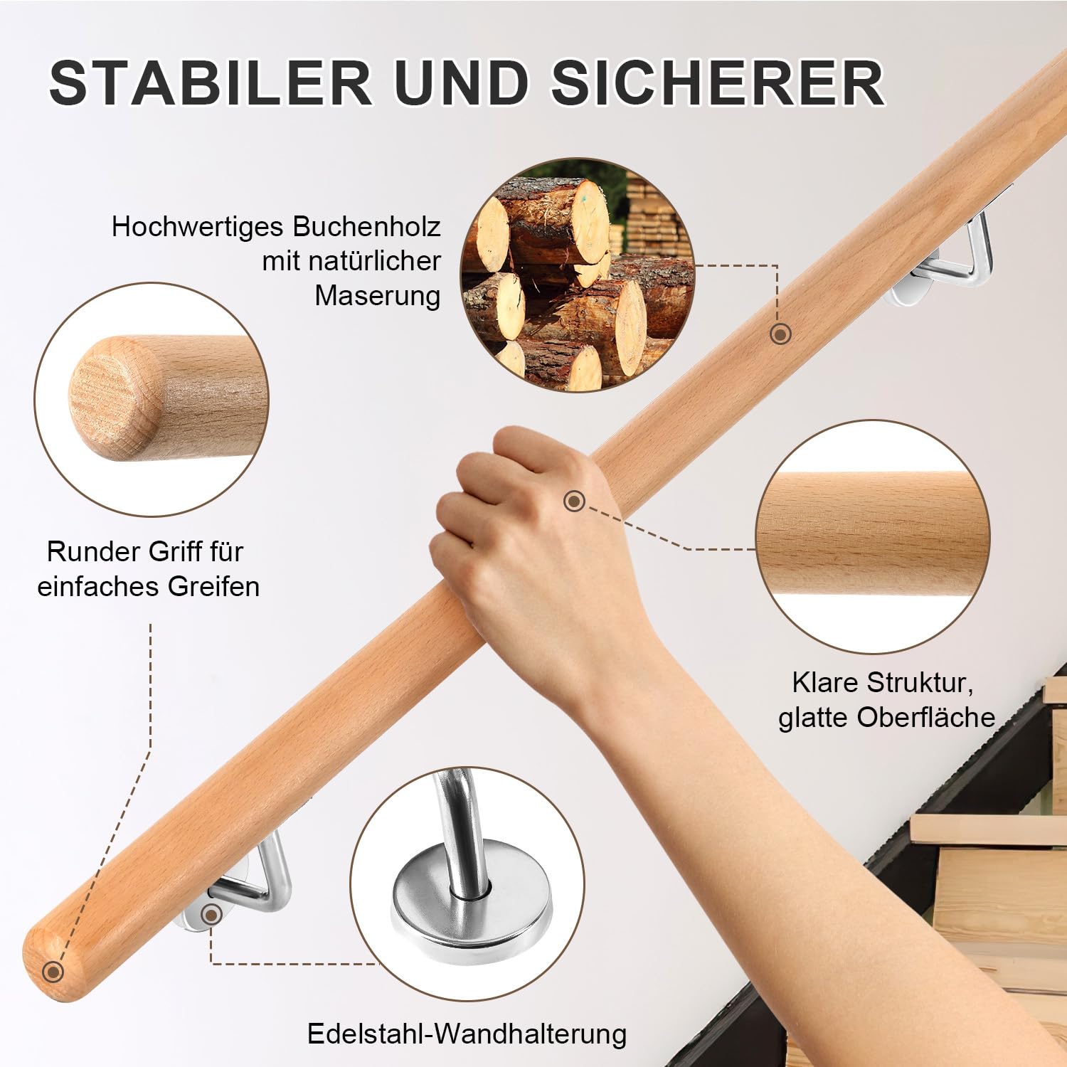 Pasamanos de madera, 150 cm, barandilla para escaleras, diámetro de 42 mm, pasamanos de pared, montaje lateral, incluye soportes de pared, material de montaje