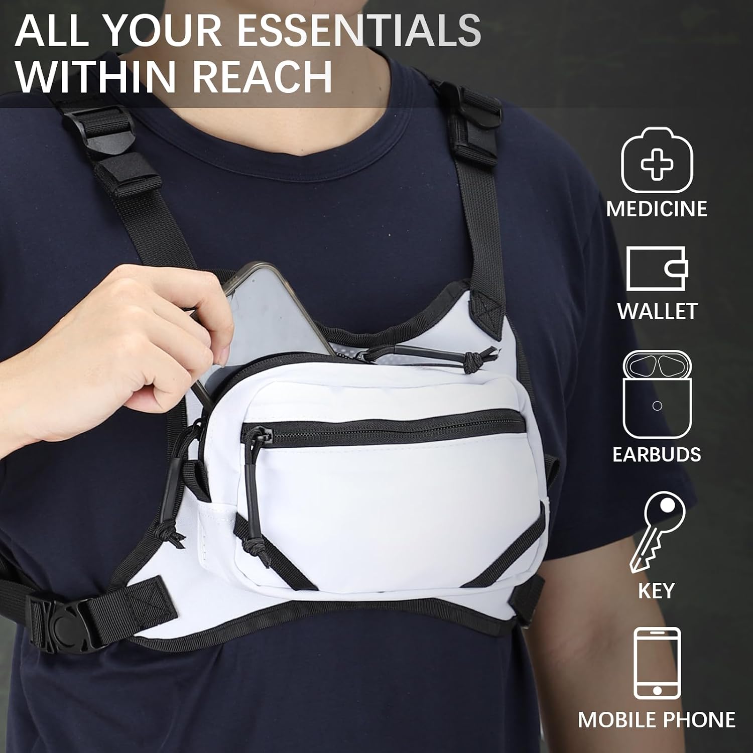 MGFLASHFORCE Chest Bag for Men and Women, Chest Rig Pack Front EDC Pouch Running Vest Phone Holder for Workout, Hiking and Outdoor Sports (White) image 4