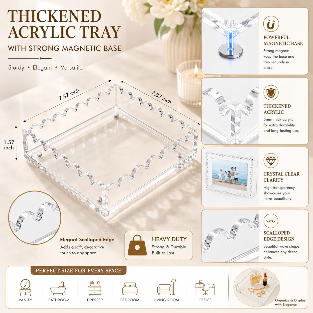 2 Pack Clear Acrylic Tray with Magnetic Mat, Scalloped Decorative Vanity Tray for Jewelry, Perfume, Coffee Table Decor, Customizable Photo Display Tray for Bathroom & Home