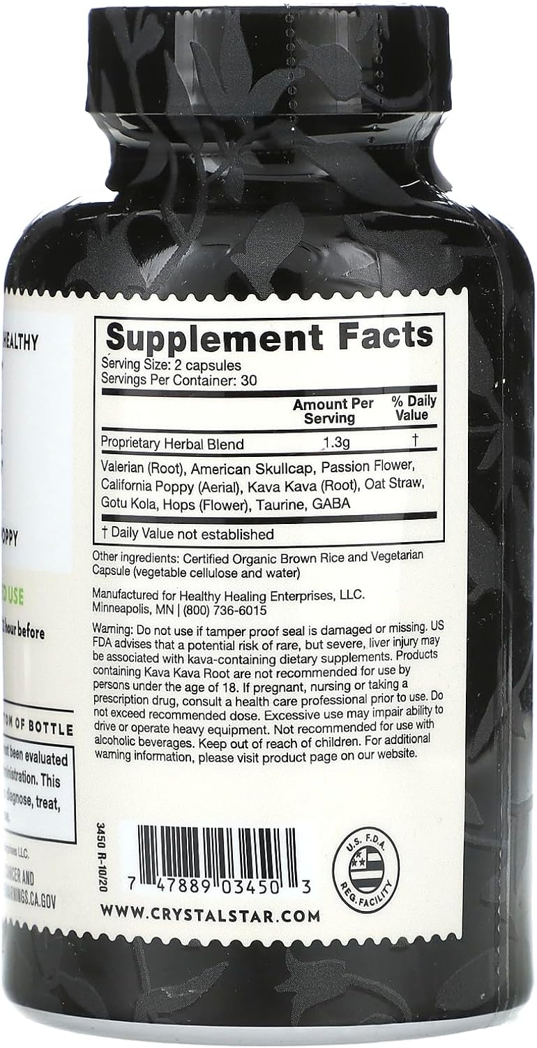 Crystal Star Night Caps Natural Sleep Aid Supplement (60 Capsules) – Herbal Non-Habit Forming – Valerian Root, Kava & Passion Flower – Non-GMO