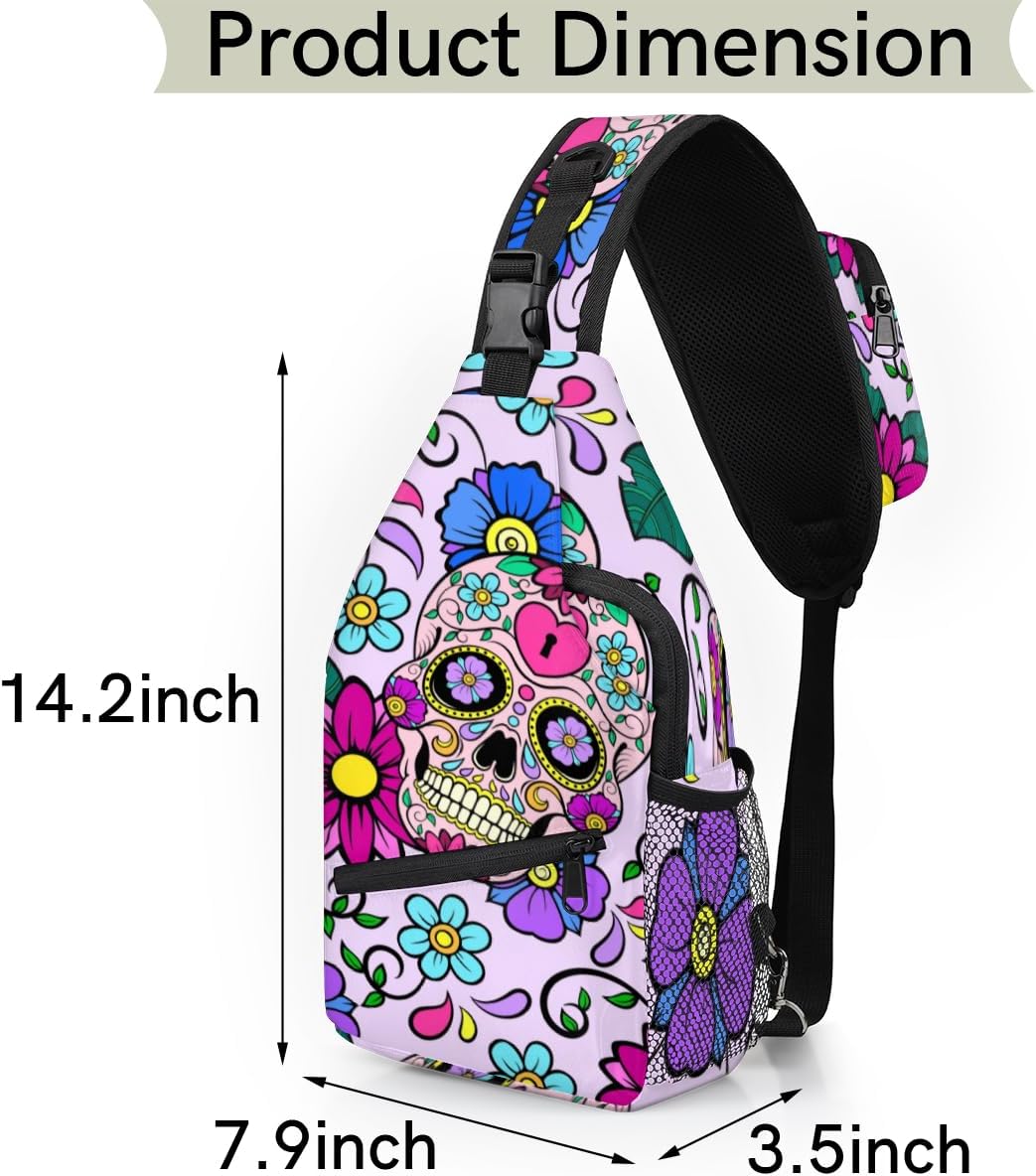 Flower Sugar Skull Sling Bag for Women Men Crossbody Sling Backpack Shoulder Bag Chest Bag Daypack for Travel Hiking Outdoor