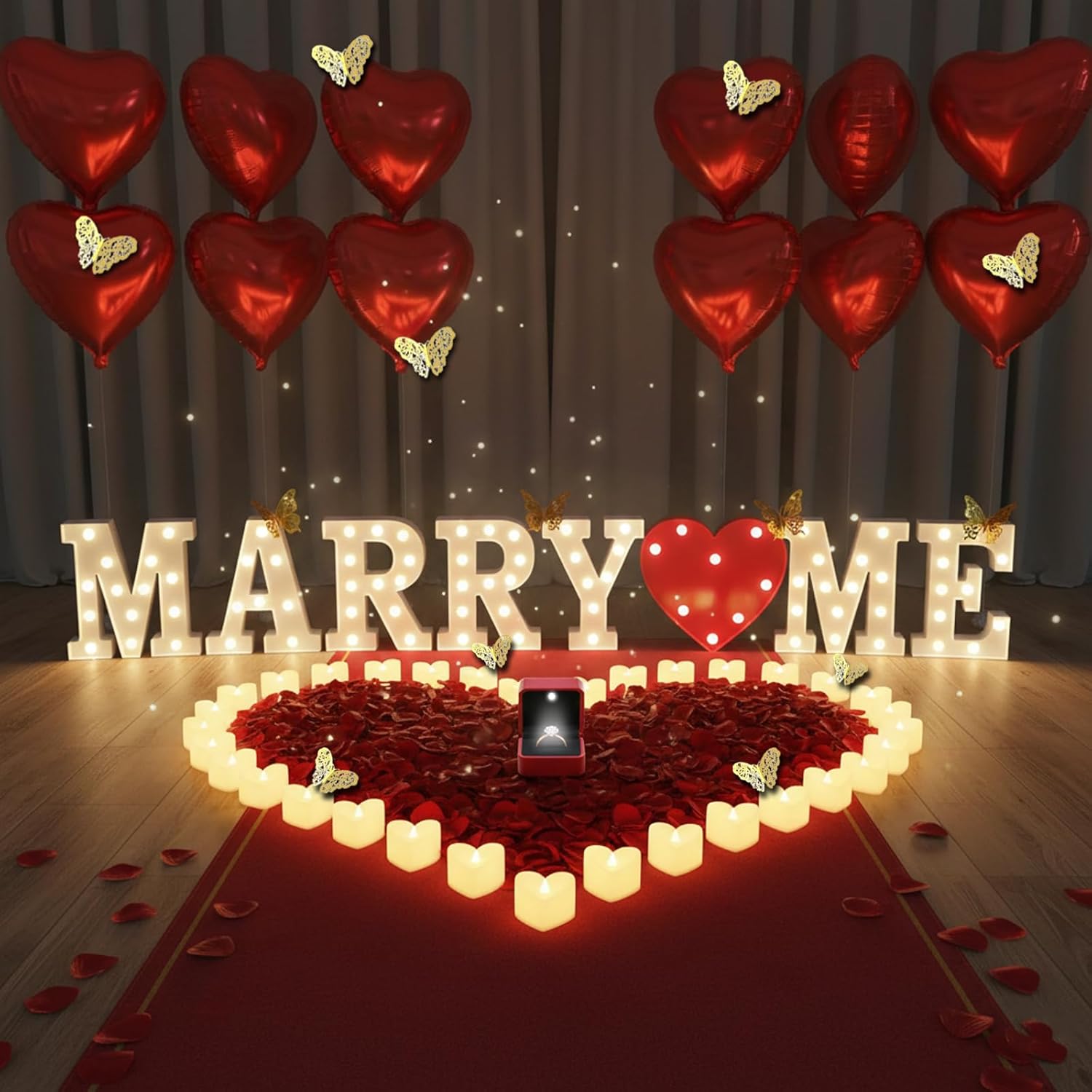 3051PCS Proposal Decorations Kit, Marry Me Light Up Letters, Light up Ring Box, Tea Lights Candles, Gold Butterfly, Rose Petals, Red Carpet Aisle Runner 16ft, Heart Balloons, Red Heart Shaped Light