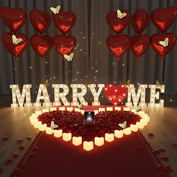 3051PCS Proposal Decorations Kit, Marry Me Light Up Letters, Light up Ring Box, Tea Lights Candles, Gold Butterfly, Rose Petals, Red Carpet Aisle Runner 16ft, Heart Balloons, Red Heart Shaped Light
