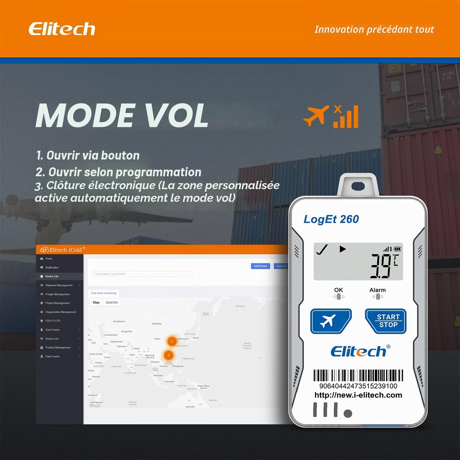 Elitech 4G Enregistreur de Données Température Humidité Sonde Externe Réutilisable Lumière/Choc/Emplacement Intégré Données d'ombre SIM intégrée Stockage SMS E-mail APP Alarme Web 100 000 Points