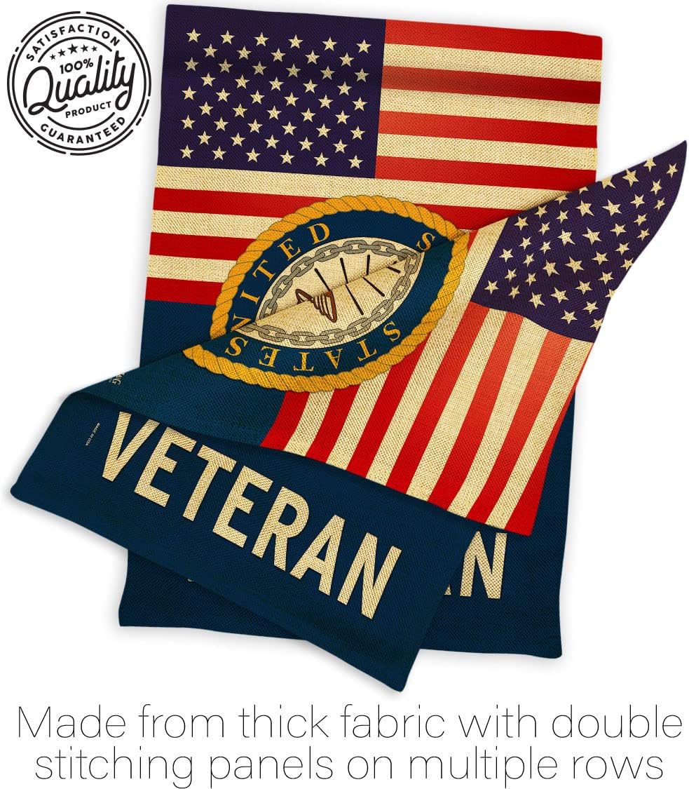 US Navy Veteran Burlap Garden Flag - Set with Stand Armed Forces USN Seabee United State American Military Retire Official - House Banner Small Yard Gift Double-Sided Made in USA 13 X 18.5