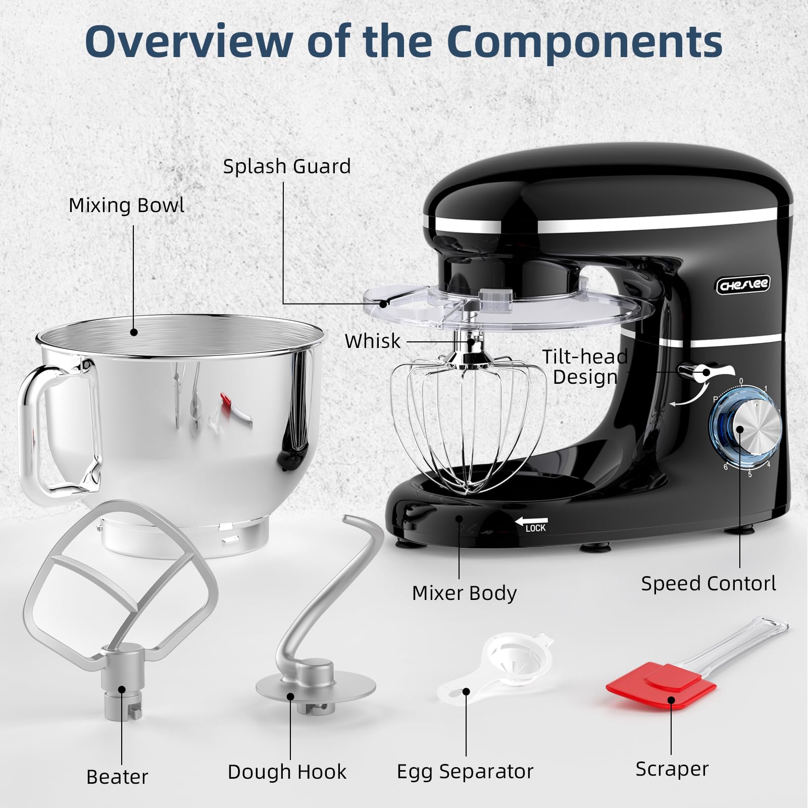 CHeflee Küchenmaschine Teigmaschine 2000W Knetmaschine,Mit 6.2L EdelstahlschüSsel,6 Geschwindigkeit Reduzierte GeräUsche,Mit RüHrbesen,RüHrhaken,SpritzwassergeschüTzter Knetmaschine Mit Knethaken