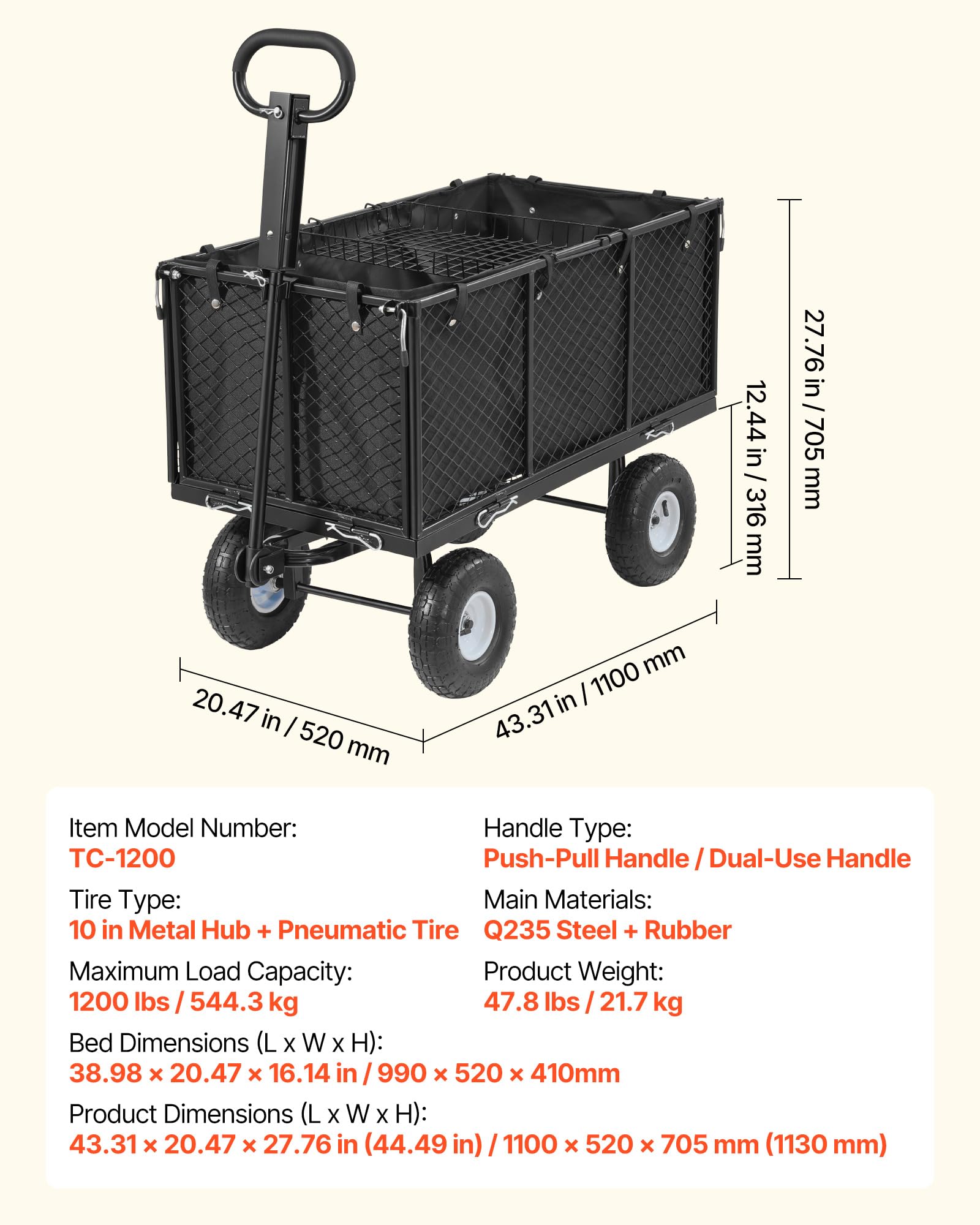 VEVOR Wózek ogrodowy Stalowy wózek ogrodniczy maks. obciążenie 544 kg wózek transportowy drewno ziemia gruz z wyjmowanymi bokami, kompatybilny z traktorem ogrodowym, czarny