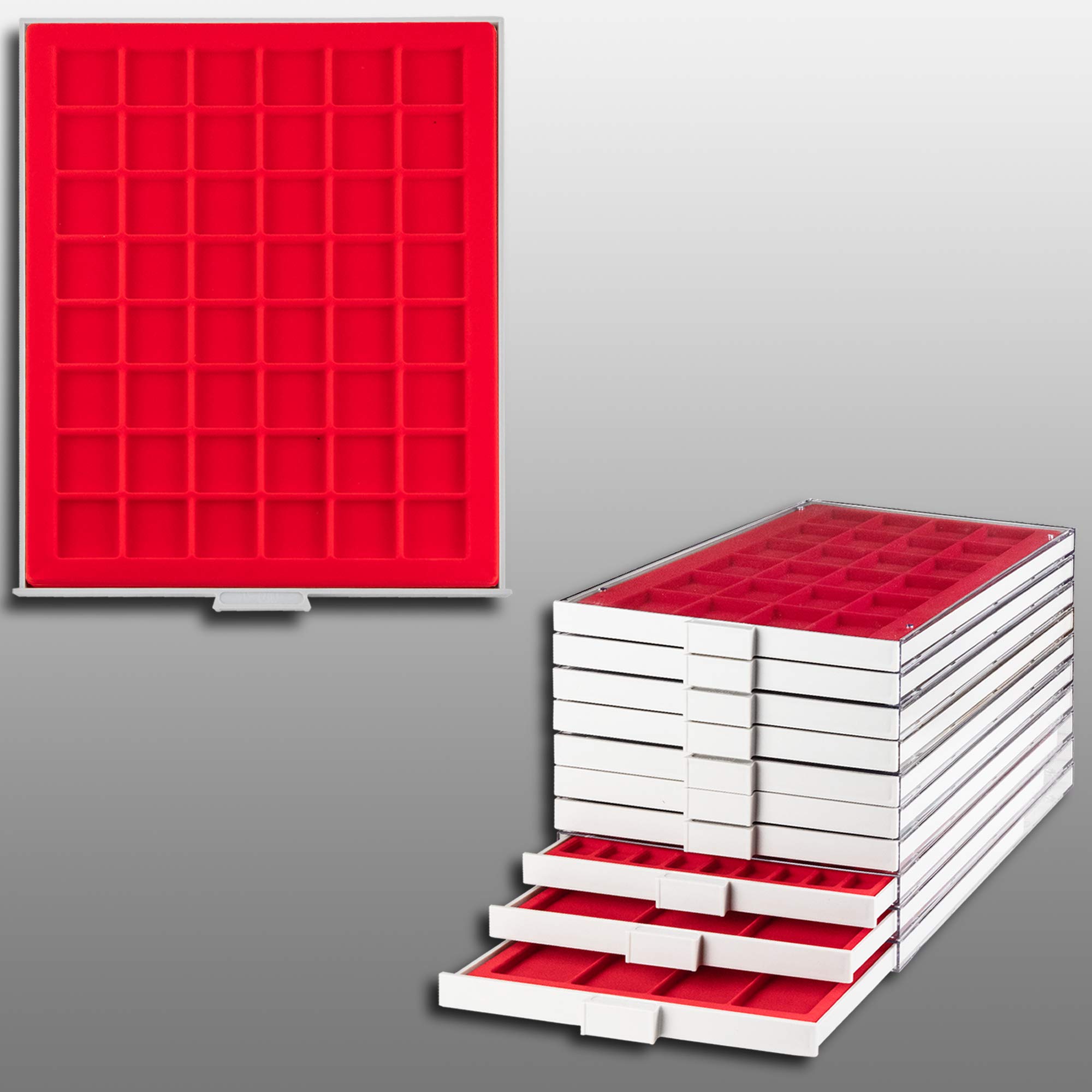 Prophila Collection coin box gray 48 angular compartments for coins up to 30 mm (1 Oz. Canada/Maple Leaf Gold), red insert