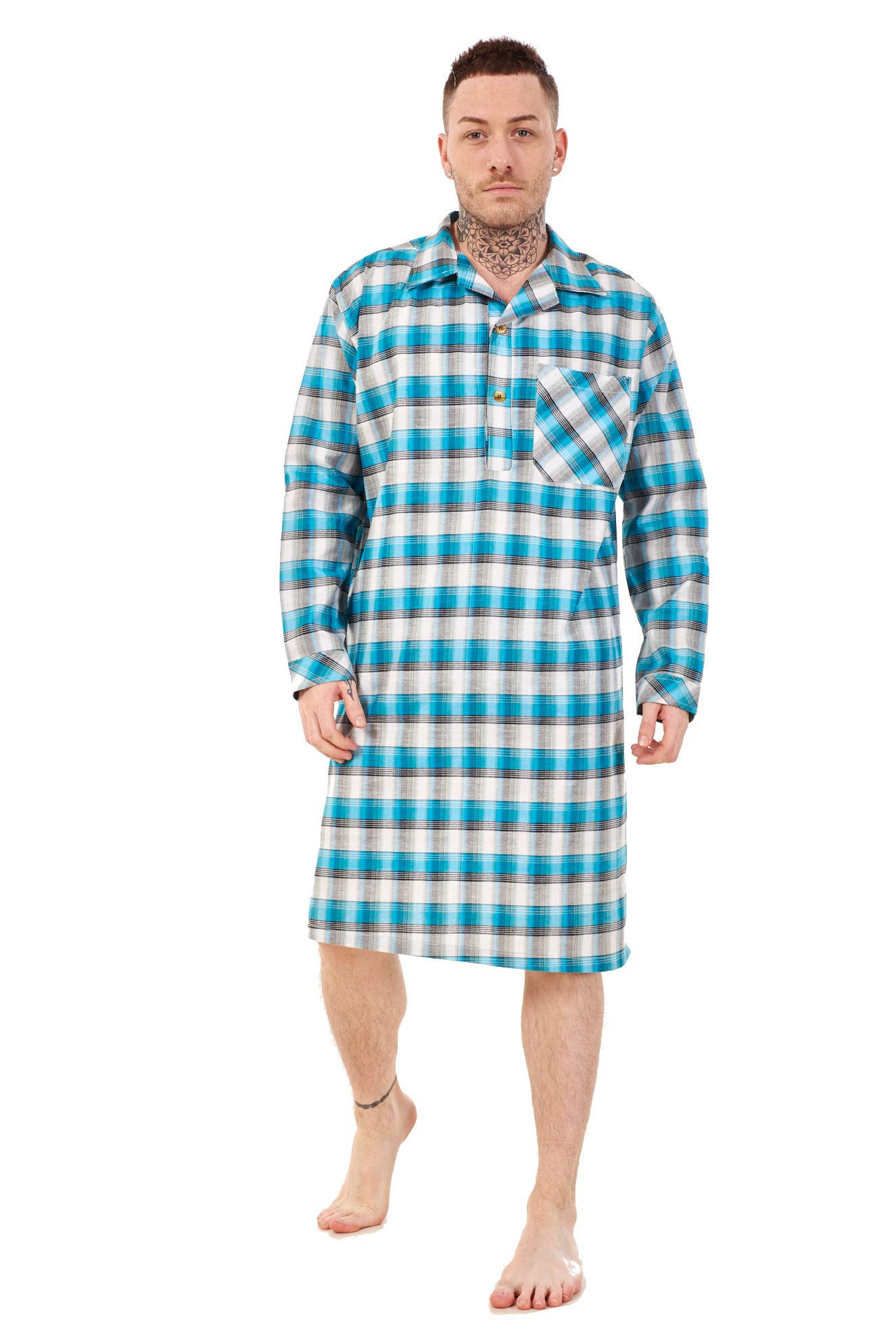Malay Men's Turquoise Yellow Nightshirts Woven Check Cotton Blend Loungewear Regular Big Size M To 5XL