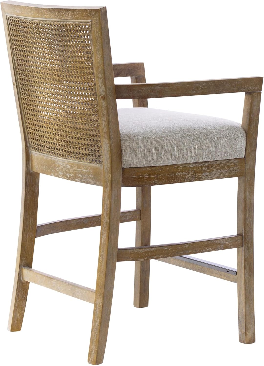 Madison Park Bar Stool with Rattan Back, Wood Counter Height Barstools, Farmhouse Stools with Open Arm Design, Mid-Century Modern Upholstered Bar Chair for Kitchen Island, 18.5" D x 18.5" W x 25.5" H