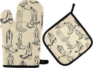 QUGRL Cowboy Boots Oven Mitts and Pot Holders Set Western Kitchen Oven Gloves Hot Pads Heat Resistant Handling Cooking Cookware Bakeware BBQ