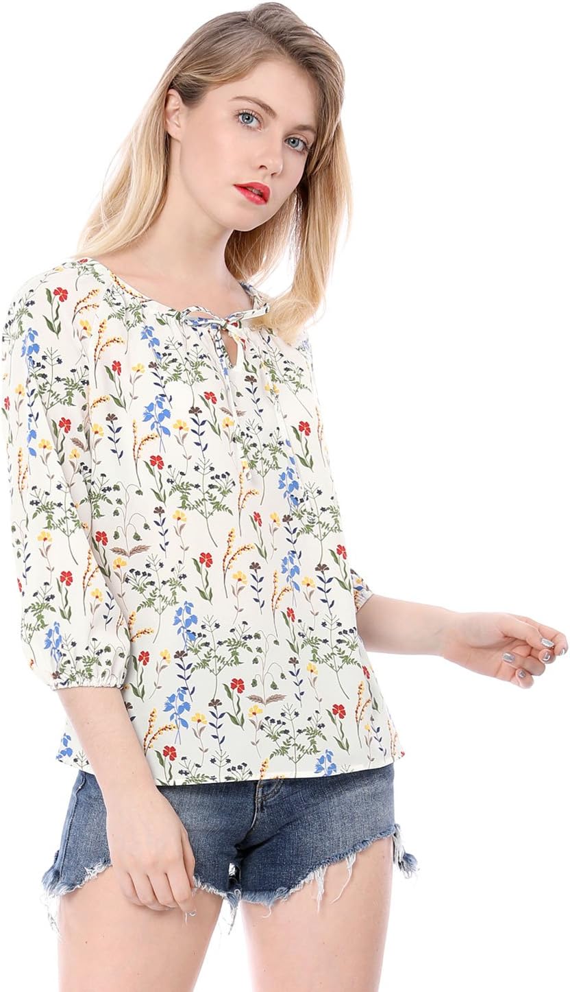 Allegra K Women's Bow Tie Neck 3/4 Raglan Sleeve Floral Blouse Tops - Image 2