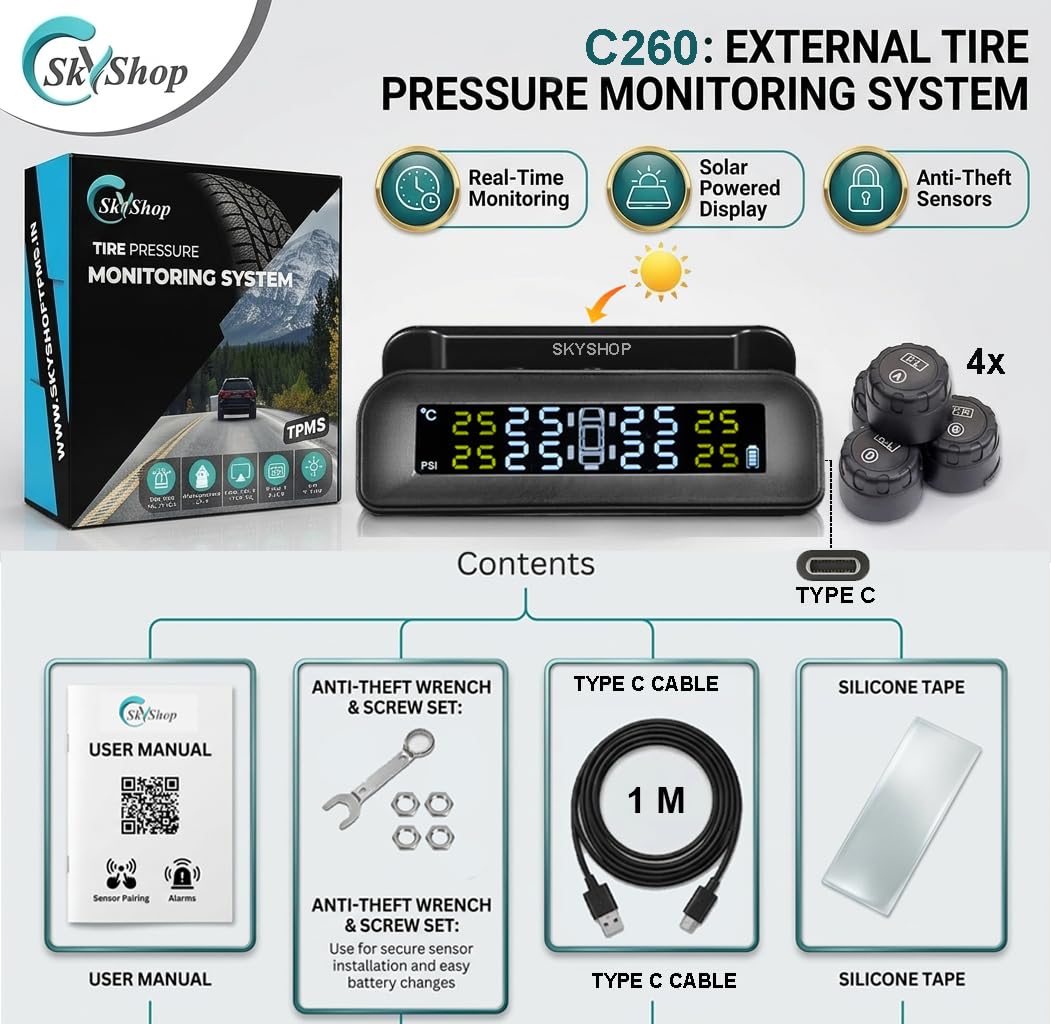 Skyshop® C260 Solar Powered TPMS with Smart Voice Alert | External Wireless Tyre Pressure Monitoring System | Real-Time Precision Sensors for All Cars, Bikes & Scooters — Amazon image 3