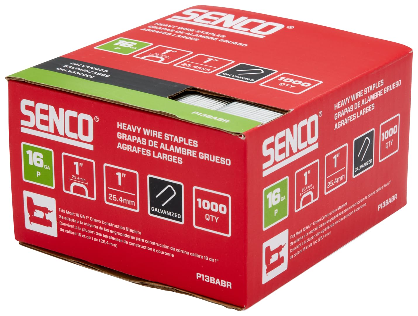 SENCO P13BABR 1" 16 Gauge 1" Crown Heavy Wire Staples, Galvanized Finish 1,000 Count Pack