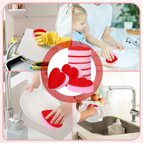 Miniatura 4 de AnyDesign Paquete de 6 esponjas de cocina en forma de corazón y fregador, esponjas de lavado de platos rojo y rosa, esponjas de limpieza para el