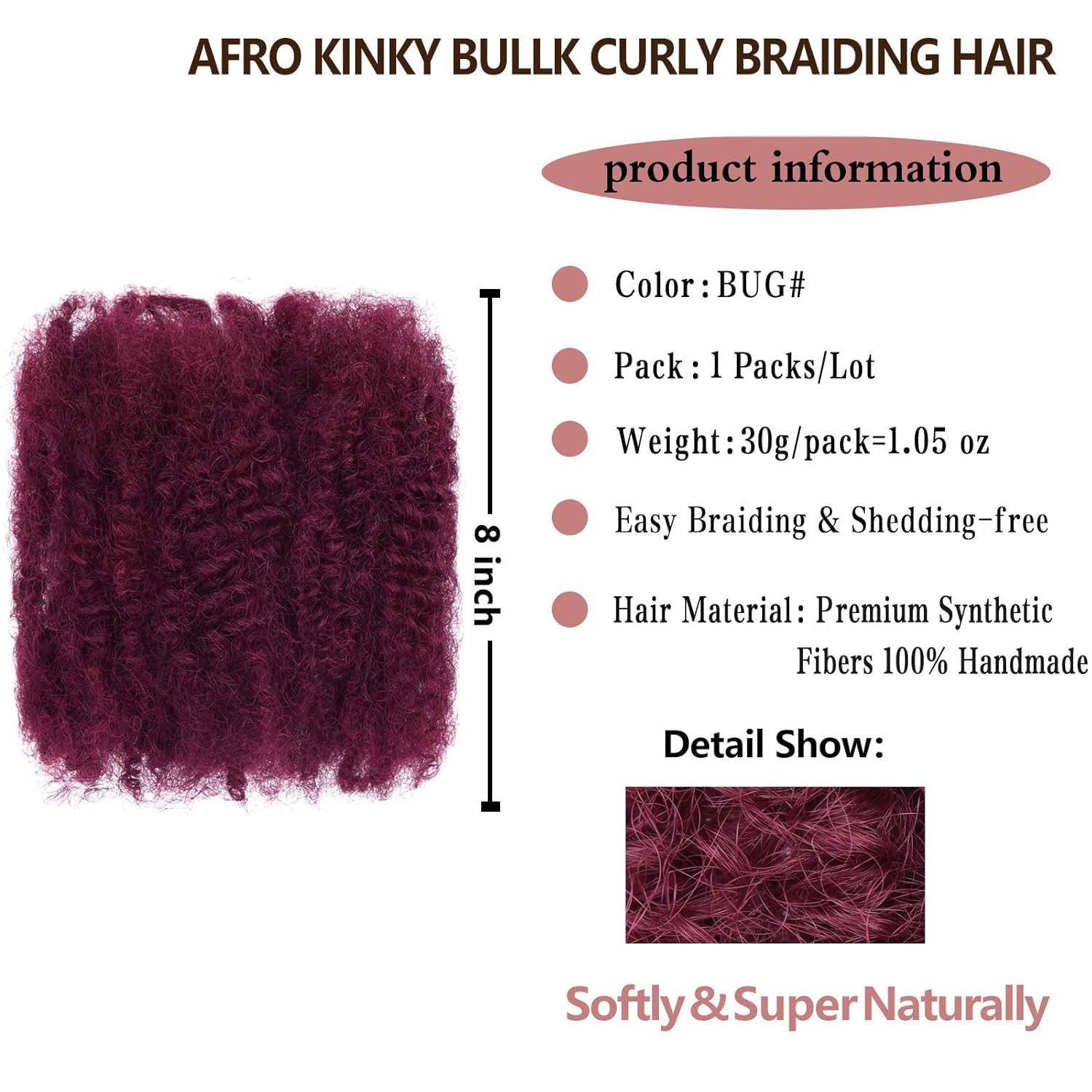 PORSMEER Afro Kinkys Curly Bulk Human Hair for Womens or Mens Dreadlocks & Loc Extensions Faux locs Braiding Twist 8 inch 30g/Pack 100% Human Hair (Burgundy) - Image 4