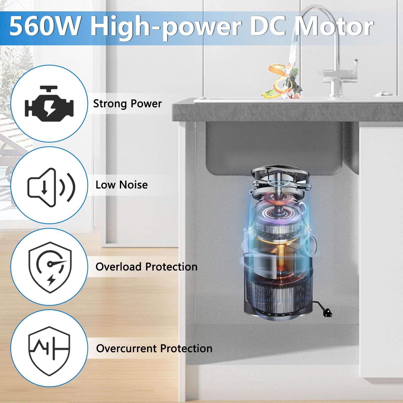 Dissipatore di rifiuti alimentari, unità di smaltimento dei rifiuti da 560 W per lavello da cucina, capacità 1200 ml, macinazione in acciaio inossidabile a 4 fasi, silenzioso e facile da installare