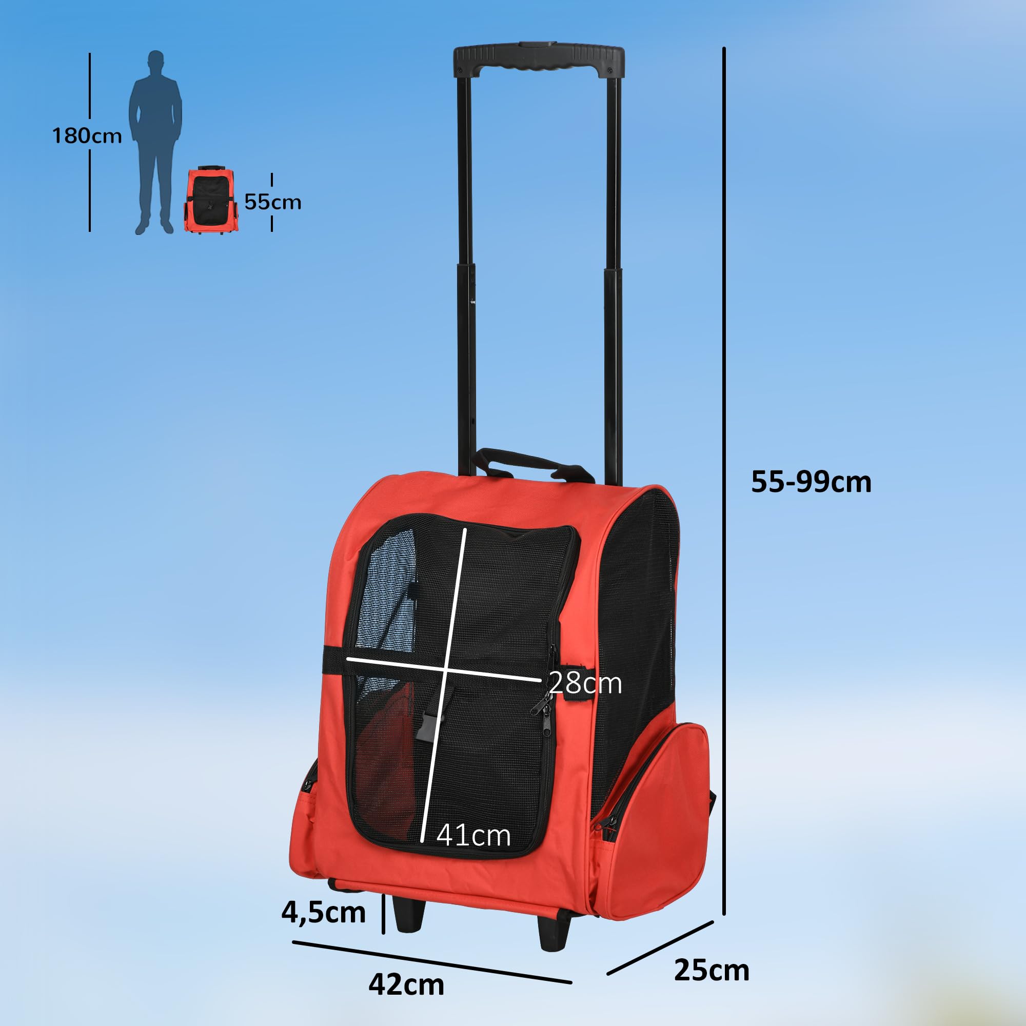 PawHut Hundetrolley Transporttasche Tragetasche für Tiere 2in1 Rucksack und Trolley 35x27x49 cm rot