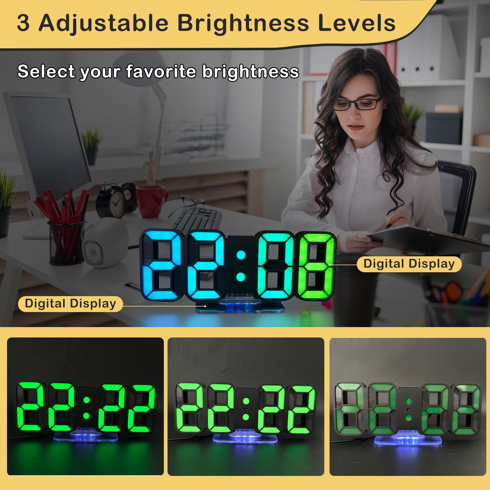 Seutgjie 3D LED Digitalwecker, Tischuhr/Wanduhr Digital Uhr 14 RGB Farbwechsel 12/24 Stunden 3 Helligkeitsanpassungen Nachthelligkeitsmodus Schlummermodus mit Fernbedienung Schwarz