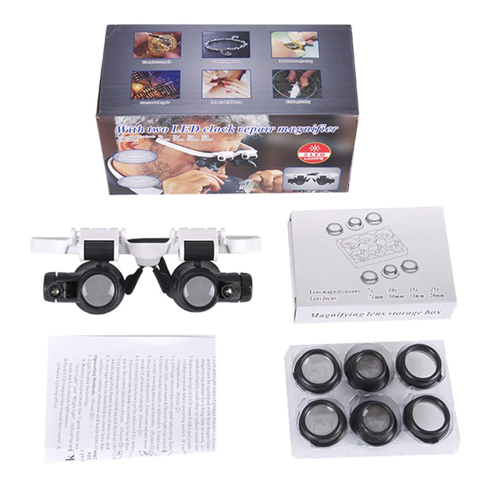 Gafas de Sol con Lupa Lupa con luz LED Lupa de 4 Grupos Reemplazo de Lentes Lupa de Alta Potencia